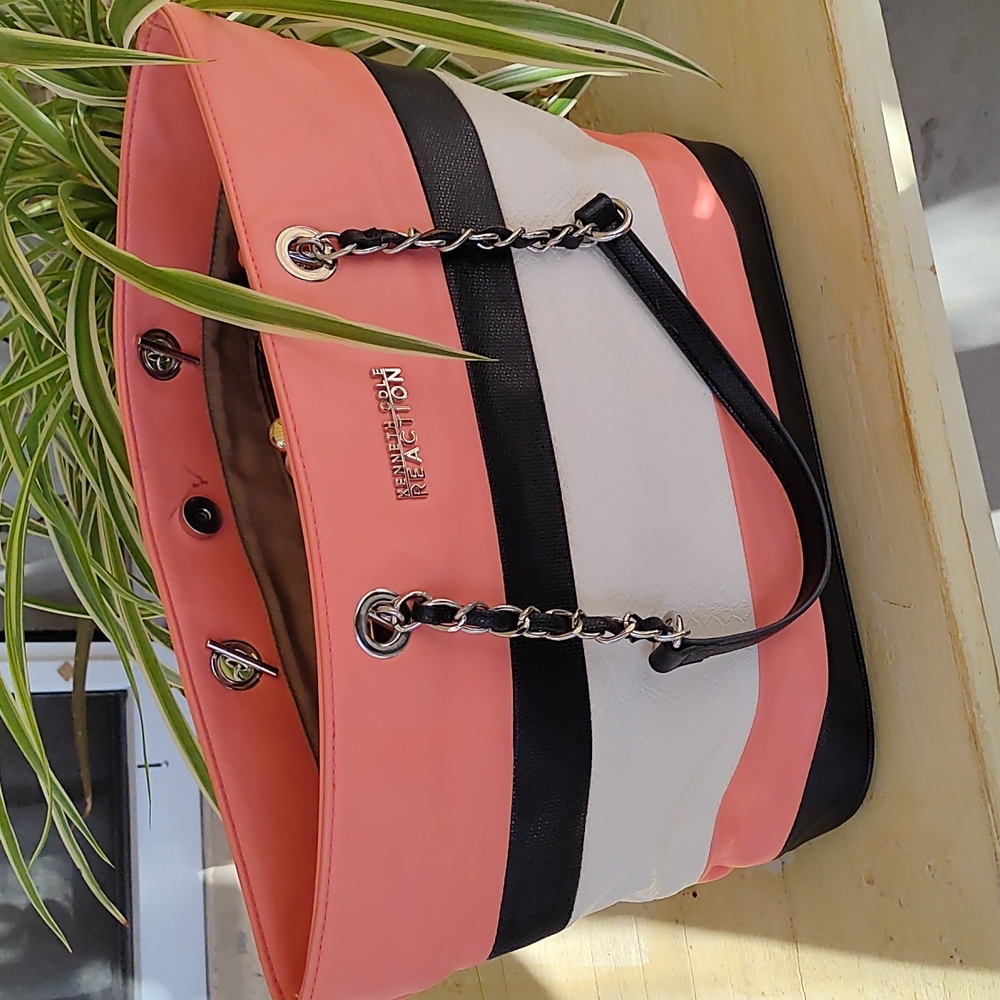 Kenneth Cole Reaction Pink White Black Striped Shoulder Tote